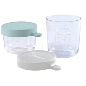 Set 2 dóz na jídlo Beaba z kvalitního skla 1 x 150 ml modravá a 1 x 250 ml šedá od 0 měsíců