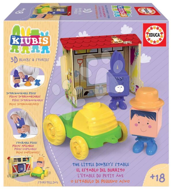 Skládačka Kiubis 3D Blocks & Stories The Little Donkey´s stable Educa 2 figurky s traktorem a stájí od 24 měsíců