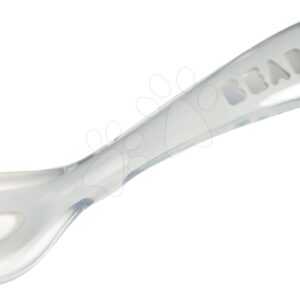 Tréninková lžička 2nd age Beaba Training Spoon Light Mist 13 cm z měkkého silikonu na samostatné jedení šedá od 8 měsíců