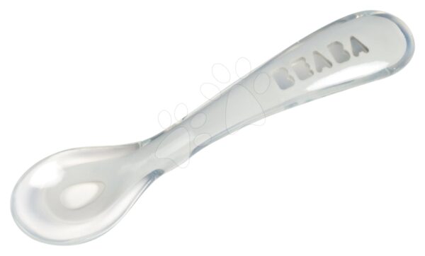 Tréninková lžička 2nd age Beaba Training Spoon Light Mist 13 cm z měkkého silikonu na samostatné jedení šedá od 8 měsíců