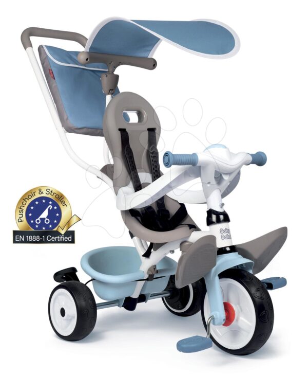 Tříkolka a kočárek v jednom s vysokou opěrkou Baby Balade Plus Tricycle Blue Smoby s brzdou a EVA koly modrá od 10 měsíců