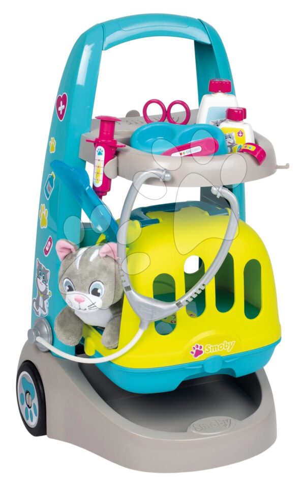 Zvěrolékařský vozík s kufříkem Veterinary Trolley Smoby pro plyšové kotě s 8 lékařskými doplňky