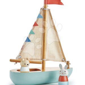 Dřevěná plachetnice Sailaway Boat Tender Leaf Toys se dvěma plachtami a zajíček s medvídkem