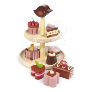 Dřevěné čokoládové dorty Chocolate Bonbons Tender Leaf Toys se stojanem a voňavými zákusky