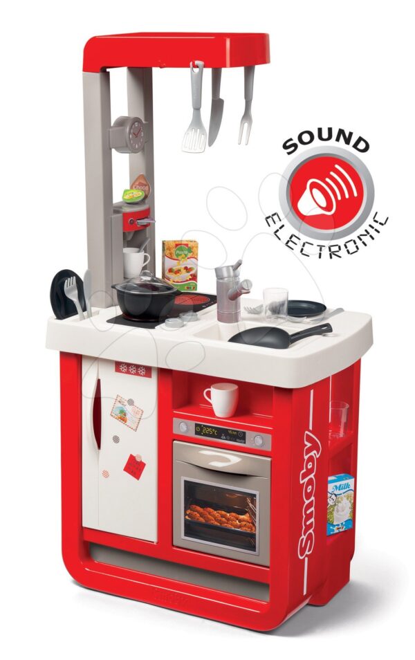 Kuchyňka elektronická Bon Appetit Smoby červená zvuková s chladničkou kávovarem a 23 doplnků