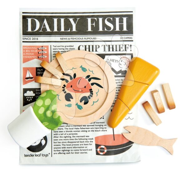 Tradiční anglická večeře rybářů Fish and Chips supper Tender Leaf Toys v novinovém papíře (dřevěná)