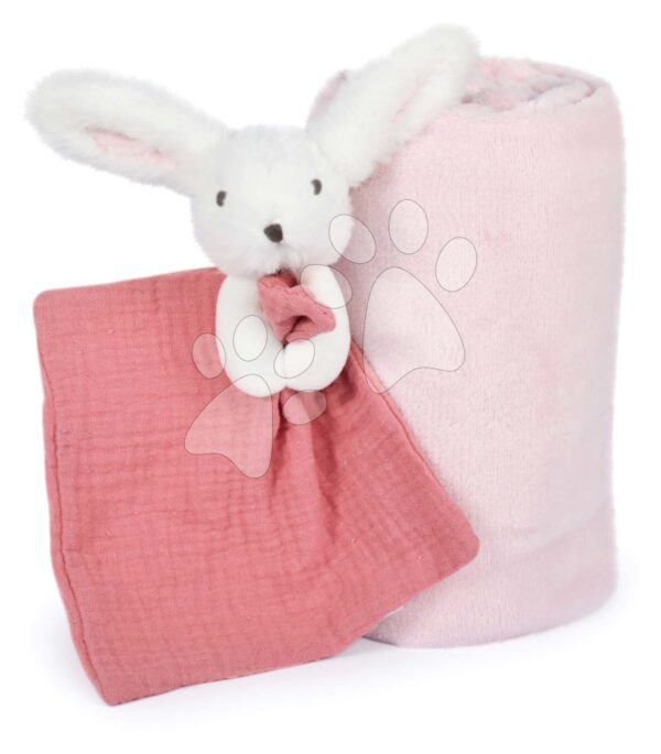 Deka pro nejmenší Bunny Happy Boho Doudou et Compagnie s plyšovým zajíčkem na mazlení růžová 100*70 cm od 0 měsíců