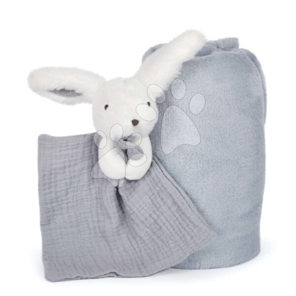 Deka pro nejmenší Bunny Happy Glossy Doudou et Compagnie s plyšovým zajíčkem na mazlení modrá 100*70 cm od 0 měsíců