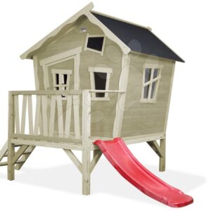 Domeček cedrový na pilířích Crooky 300 Exit Toys s voděodolnou střechou a skluzavkou šedobéžový