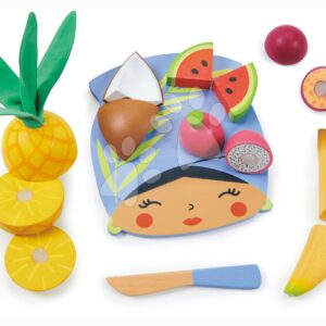 Dřevěné prkýnko s tropickým ovocem Tropical Fruit Chopping Board Tender Leaf Toys s nožem na krájení od 24 měsíců