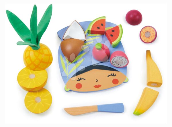 Dřevěné prkýnko s tropickým ovocem Tropical Fruit Chopping Board Tender Leaf Toys s nožem na krájení od 24 měsíců