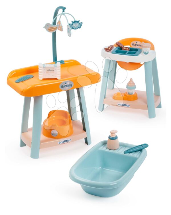 Pečovatelská sada pro panenku Nursery 3v1 Écoiffier přebalovací stolek jídelní židle a vanička s nočníkem od 18 měsíců