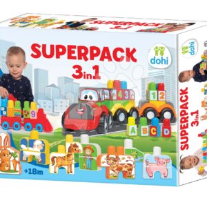 Stavebnice vláček s traktorem a zvířátka Superpack 3v1 Dohány velké kostky s potiskem od 18 měsíců