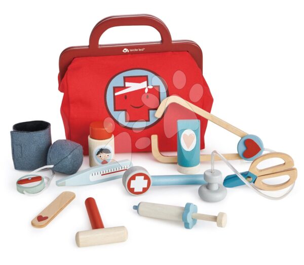 Dřevěná lékařská taštička Doctor's Bag Tender Leaf Toys se zdravotními pomůckami rouškou a náplastmi