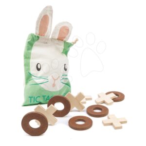 Dřevěná logická hra Tic Tac Toe Tender Leaf Toys 5 kroužků a 5 křížků v plátěném sáčku