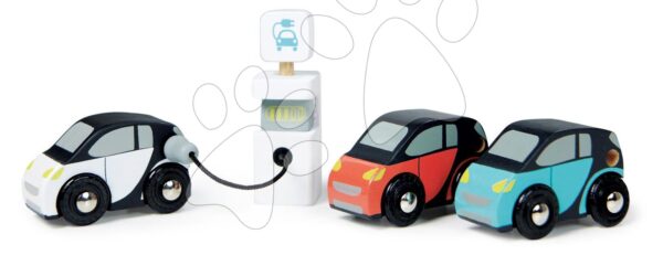 Dřevěné elektromobily Smart Car Set Tender Leaf Toys s nabíjecí stanicí a 3 autíčky od 18 měs.