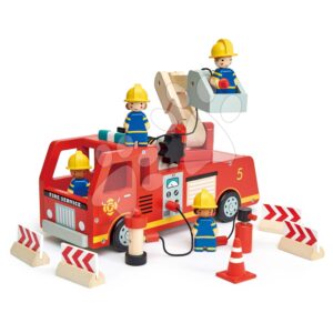 Dřevěné hasičské auto Fire Engine Tender Leaf Toys s funkční plošinou a 4 hasiči s doplňky