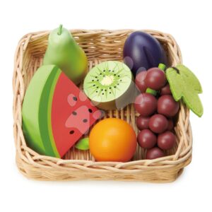 Dřevěný košík s ovocem Fruity Basket Tender Leaf Toys s hroznem hruškou melounem a švestkou
