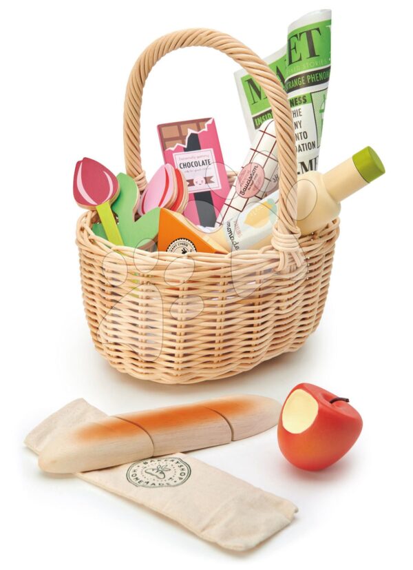 Dřevěný košík s tulipány Wicker Shopping Basket Tender Leaf Toys s čokoládou limonádou sýrem a jinými potravinami