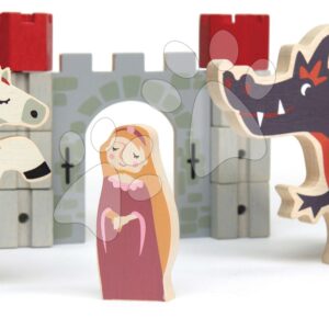 Dřevěný rytíř s drakem a princeznou Knight and Dragon tales Tender Leaf Toys v pohádce na hradě