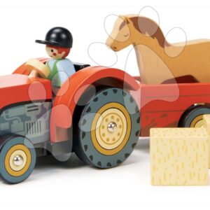 Dřevěný traktor s vlečkou Farmyard Tractor Tender Leaf Toys s figurkou farmáře a zvířátky od 18 měsíců