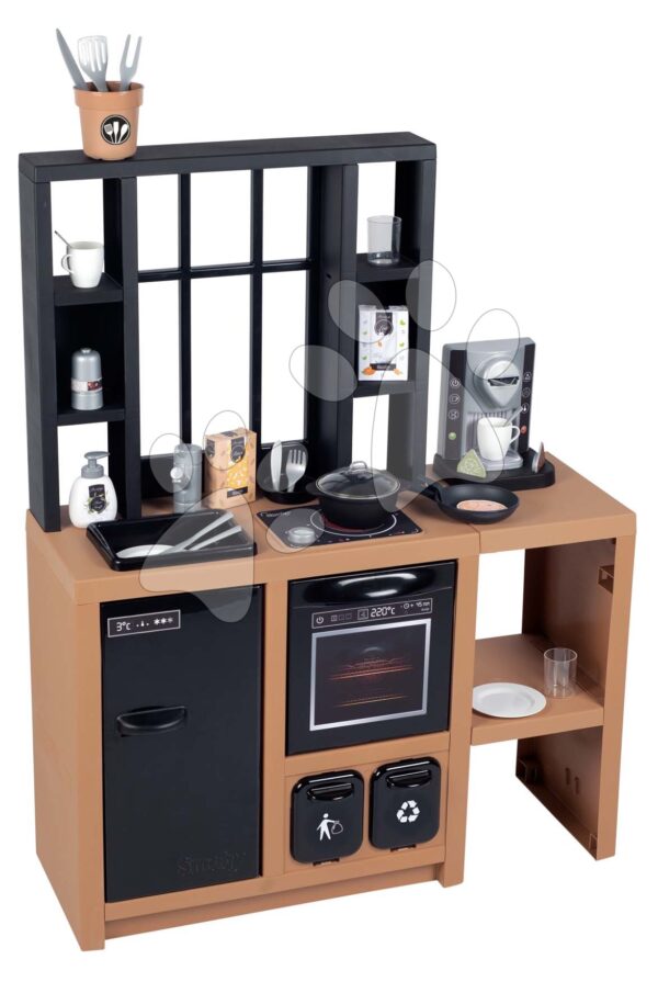 Kuchyňka moderní Loft Industrial Kitchen Smoby s kávovarem a funkčními spotřebiči a 32 doplňky 50 cm pracovní deska
