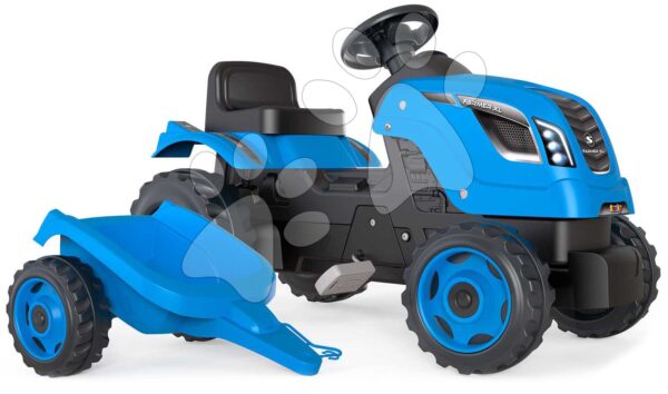 Traktor na šlapání a přívěs Farmer XL Blue Tractor+Trailer Smoby modrý s polohovatelným sedadlem a se zvukem 142 cm