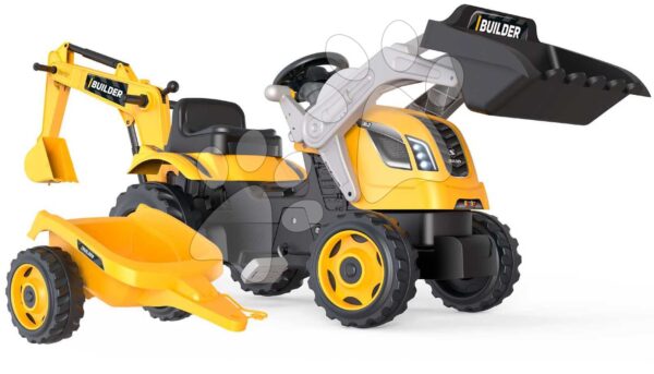 Traktor na šlapání s nakladačem a bagrem Builder Max Tractor+Trailer Smoby s polohovatelným sedadlem a se zvukem 182 cm