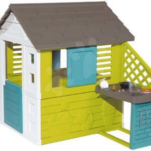 Domeček s kuchyňkou Pretty New Grey Playhouse&Kitchen Smoby a 2 okna s posuvnými okenicemi a poloviční dveře UV filtr od 2 let