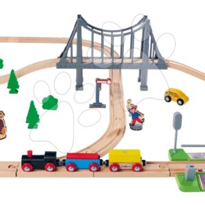 Dřevěná vláčkodráha Train Set with Bridge Eichhorn s lokomotivou vagony mostem a doplňky 55 dílů 500 cm délka kolejí
