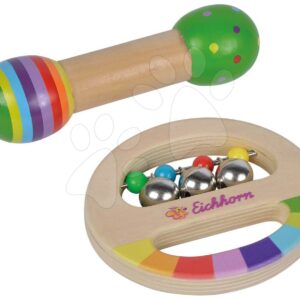 Dřevěné hudební nástroje Music Set with Grasping Toy Eichhorn chrastítko se zvonečky a hudební hůlka od 12 měsíců