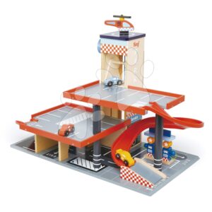 Dřevěná patrová garáž Blue Bird Service Station Tender Leaf Toys s 3 auty a helikoptérou