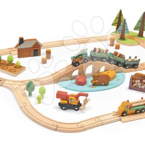 Dřevěná vláčkodráha v borovicovém lese Wild Pines Train set Tender Leaf Toys s vlakem a auty zvířátka s přírodou