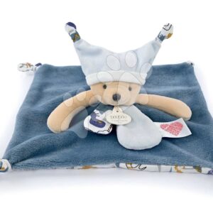 Plyšový medvídek k mazlení Bear Blue Flat Comforter Doudou et Compagnie s QR kódem na pohádky modrý 25 cm od 0 měsíců