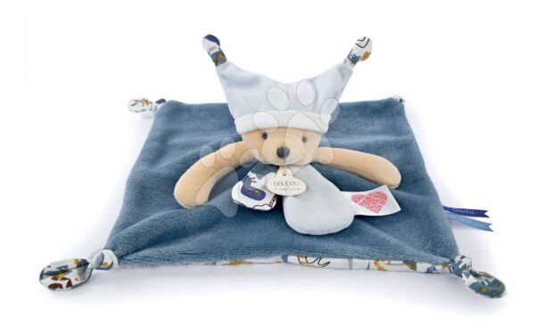 Plyšový medvídek k mazlení Bear Blue Flat Comforter Doudou et Compagnie s QR kódem na pohádky modrý 25 cm od 0 měsíců