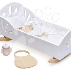Dřevěná kolébka Labuť Sweet Dreams Dolly Bed Tender Leaf Toys pro 36 cm panenku s textilním polštářem a peřinkou