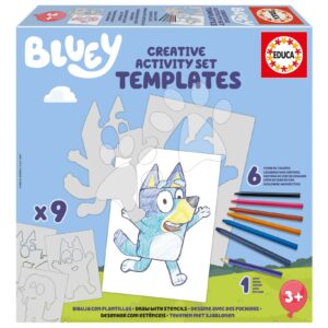 Kreatívne tvorenie Stencil Bluey Activity Set Educa vyfarbi si psíka Bluey so 6 farebnými voskovkami 8 rôznych modelov od 24 mes EDU19886