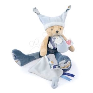 Plyšový medvídek s hadříkem Plush Bear Blue Doudou et Compagnie s QR kódem na pohádky modrý 35 cm od 0 měsíců