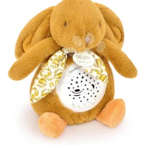 Plyšový zajíček Musical Night Light Star Projector Ocher Doudou et Compagnie se světlem hudbou a bílým šumem žlutý 19 cm od 0 měsíců