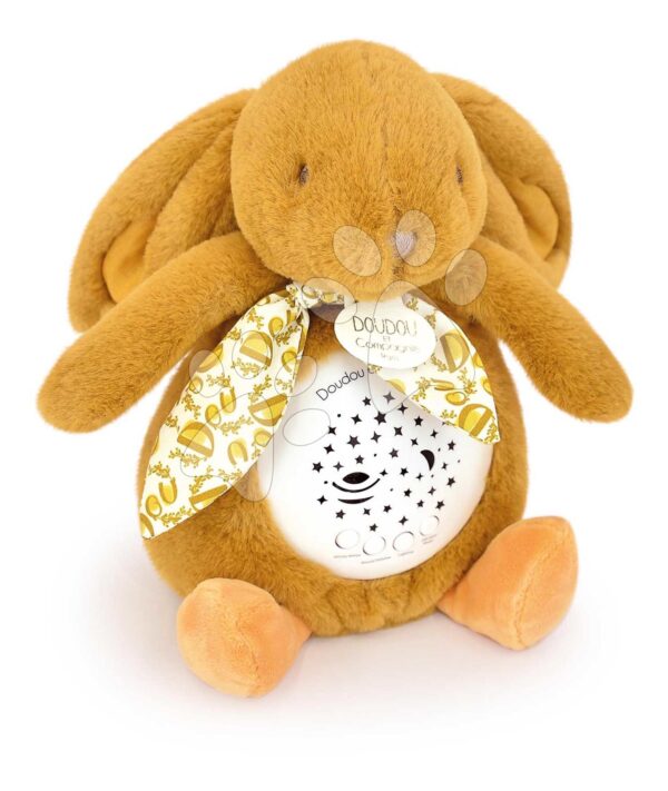 Plyšový zajíček Musical Night Light Star Projector Ocher Doudou et Compagnie se světlem hudbou a bílým šumem žlutý 19 cm od 0 měsíců
