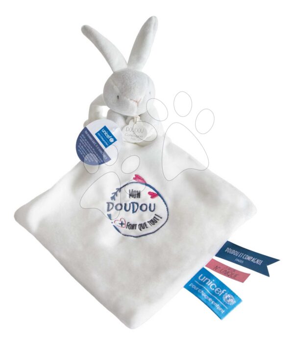Plyšový zajíček na mazlení Mon Doudou Unicef Collection Doudou et Compagnie v dárkovém balení se sáčkem bílý 10 cm od 0 měsíců