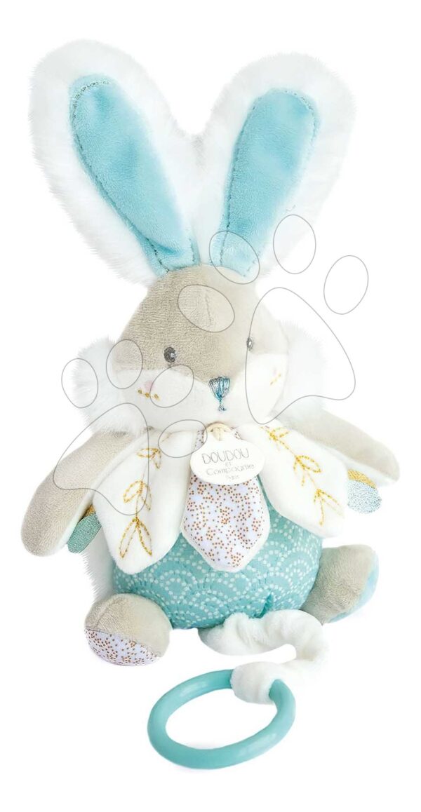 Plyšový zajíček s melodií Bunny Almond Lapin de Sucre Music Box Doudou et Compagnie v dárkovém balení tyrkysový 20 cm od 0 měsíců