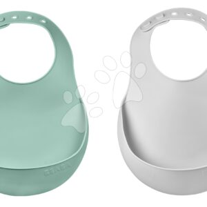 Bryndáčky pro děti Silicone Bib Beaba Light Mist & Sage Green z měkkého silikonu a knoflíky 2 kusy od 4 měsíců