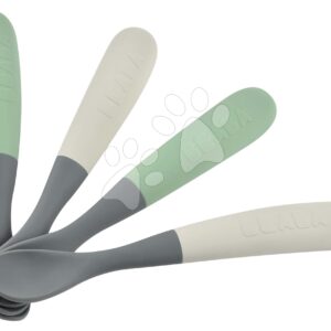 Ergonomické lžičky 1st Age Silicone Spoons Beaba Mineral Grey Sage Green ze silikonu k samostatnému jídlu 4 kusy od 4 měsíců