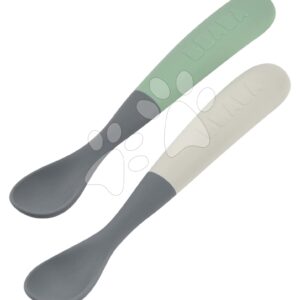 Ergonomické lžičky 1st Age Silicone Spoons Beaba Mineral Grey Sage Green ze silikonu k samostatnému jídlu v boxu 2 kusy od 4 měsíců