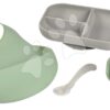 Jídelní souprava Silicone Meal Essentials Set Beaba s hrníčkem a talířem se lžičkou a bryndák zeleno-šedá od 8 měsíců - Image 2