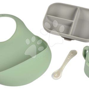Jídelní souprava Silicone Meal Essentials Set Beaba s hrníčkem a talířem se lžičkou a bryndák zeleno-šedá od 8 měsíců