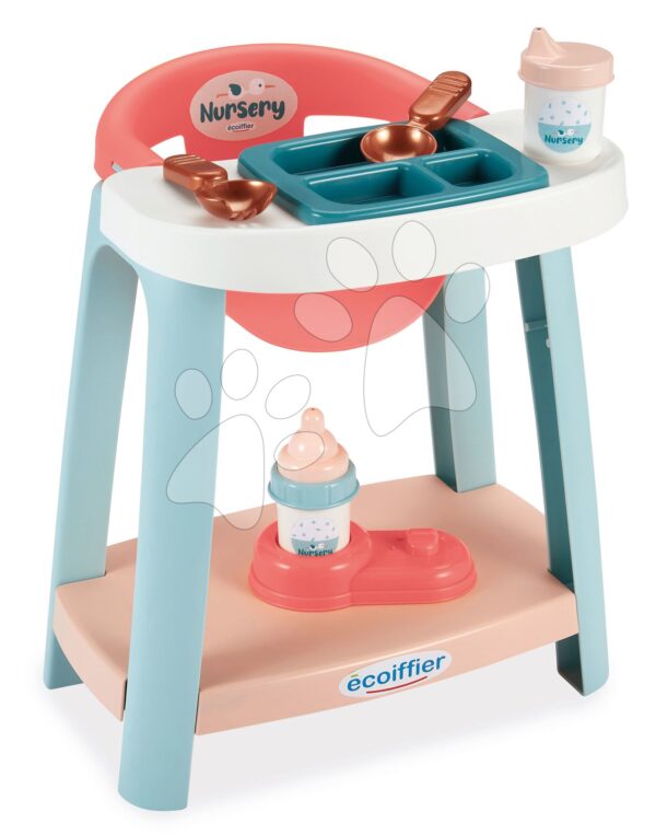Jídelní židle Nursery Écoiffier pro 30 cm panenku s lahvičkou na krmení a doplňky od 18 měsíců
