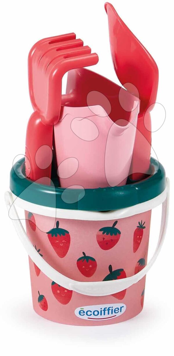 Kbelík set s konvičkou Strawberry Bucket Beach Écoiffier 12 cm výška 5 dílů s lopatkou a hrabičkami od 12 měsíců