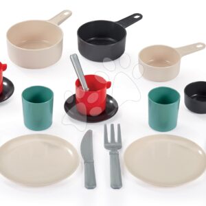 Pánev s jídelní soupravou 100% Chef Écoiffier 32 cm s hrnci talíři příbory šálky 18 dílů od 18 měsíců